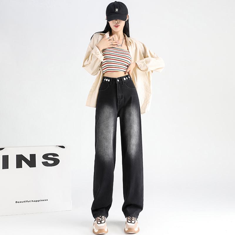 2022 Autumn New Korean Stytle Fashion Women'S Clothing Casual Thin Jeans Loose Wide-Leg Long Trousers Harajuku High Waist Thin