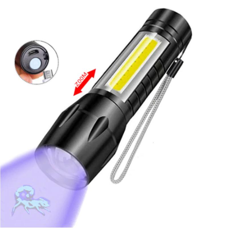 3in1 LED Flashlight with COB Sidelight Rechargeable Magnetic Torch Zoom Waterproof Ultraviolet Light Flashlight for Pets Camping