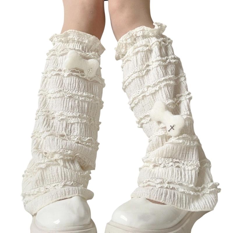 Japanese Tiered Ruffle Lace Leg Warmers for Women and Teens Knee Length Flared Leg Covers for Cosplay and Daily Wear