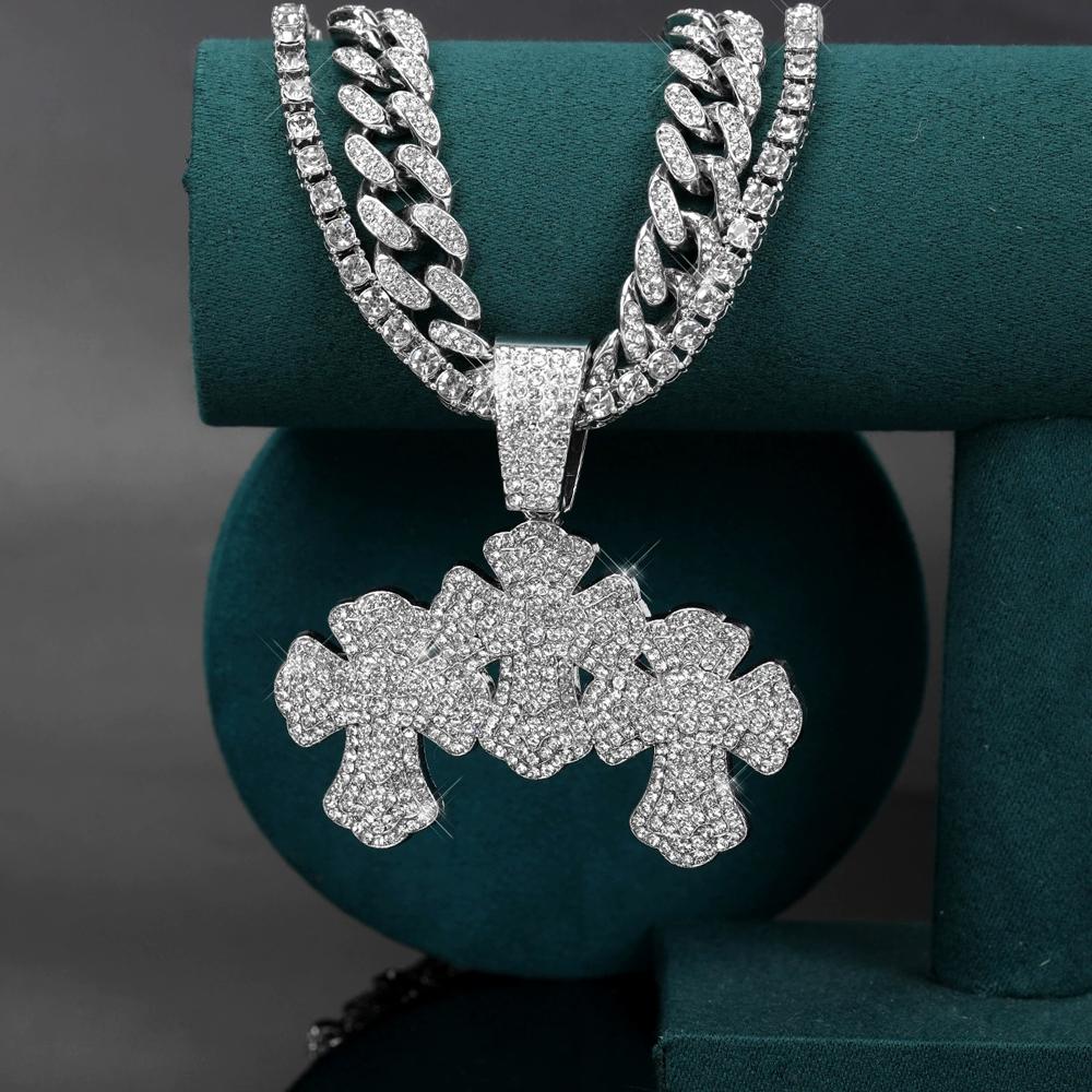 New Hip Hop Stacked Cross Pendant Tennis Chain Necklace,with Cuban Chain Crosses Necklaces Fashion Jewelry,For Men And Women