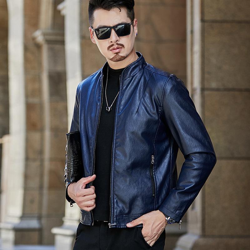 Winter new velvet leather jacket men's casual fashion trendy leather jacket men's thermal stand-up collar jacket men's clothing