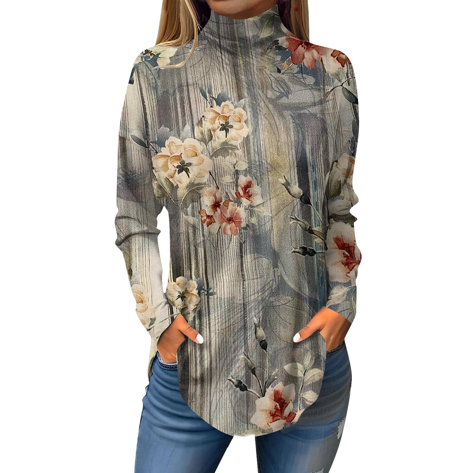 Женская модная повседневная футболка с длинным рукавом с высоким воротом и принтом — фото 3