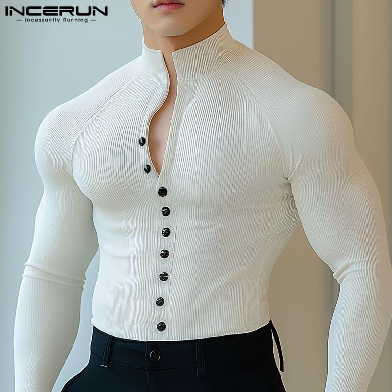 

INCERUN Men Long Sleeve Buttons Casual Slim Rib T-shirts Tops L чёрный