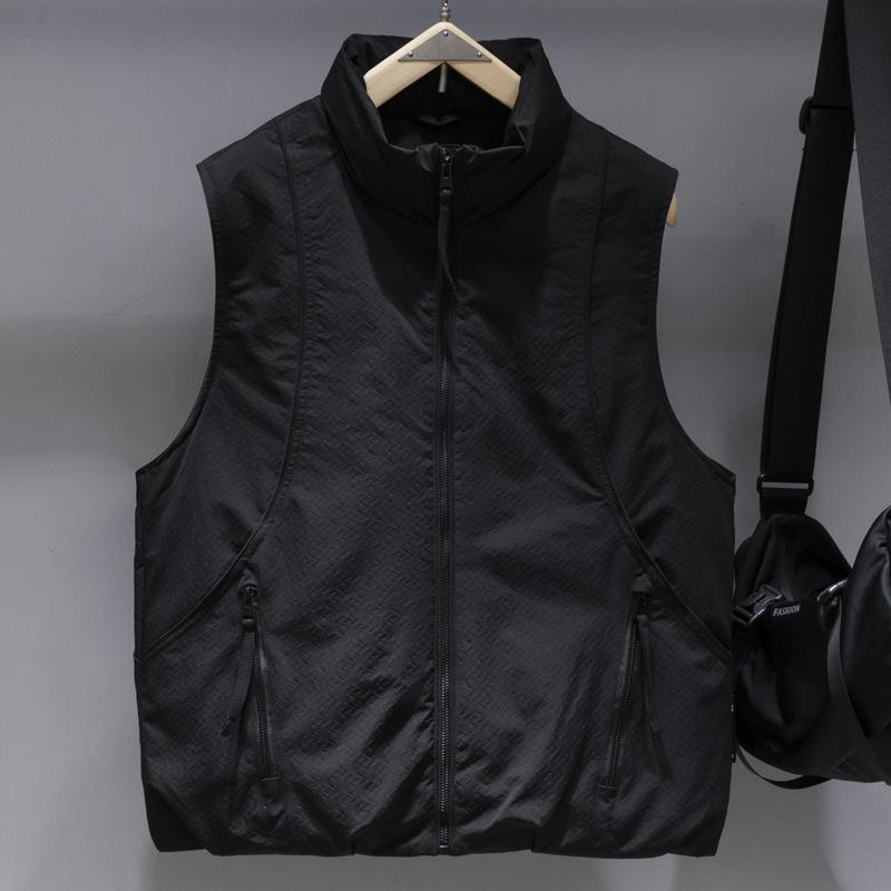 Men Plus‑Size 50% White Duck Down Vest, Embossed Fabric Stand Collar Sleeveless Puffer Gilet Winter Loose Fit Outerwear