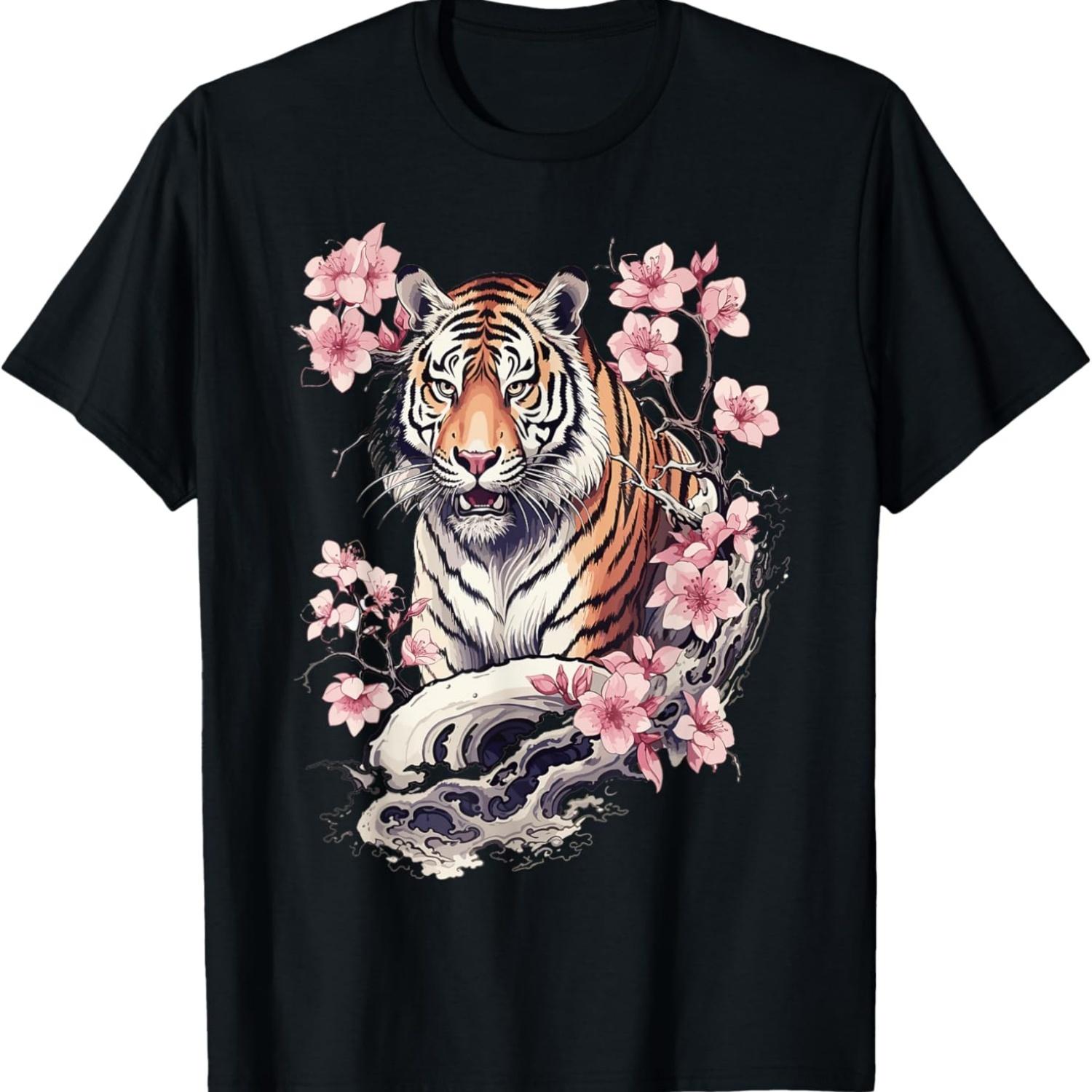 Tiger T Shirts For Women Vintage  Cherry Blossom T-Shirt(2) S чёрный