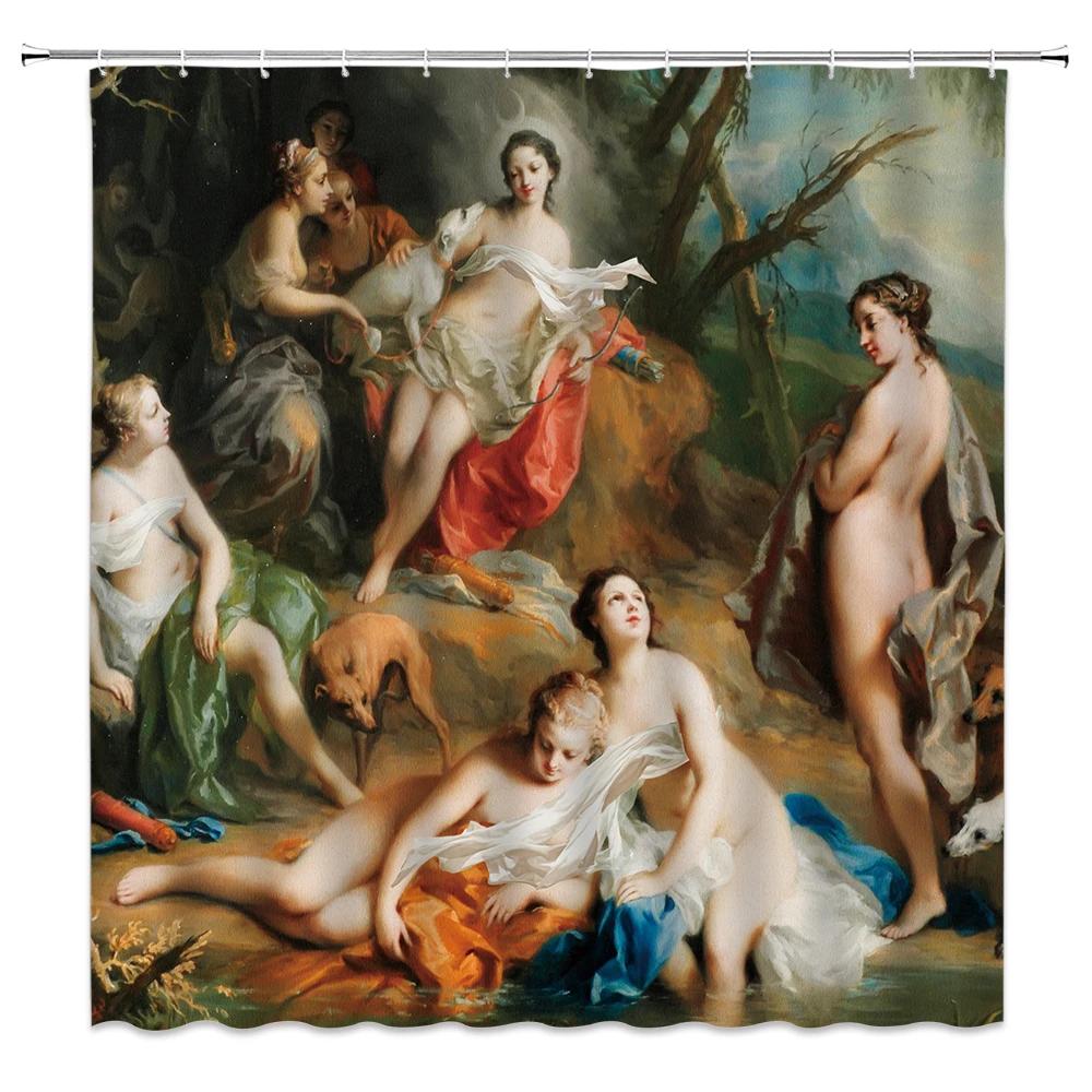 

European Style Religious Oil Painting Shower Curtains Art Bathroom Decoration Waterproof Bathtub Home Decor Cloth Curtain Set W60H190(CM)-1 Pcs