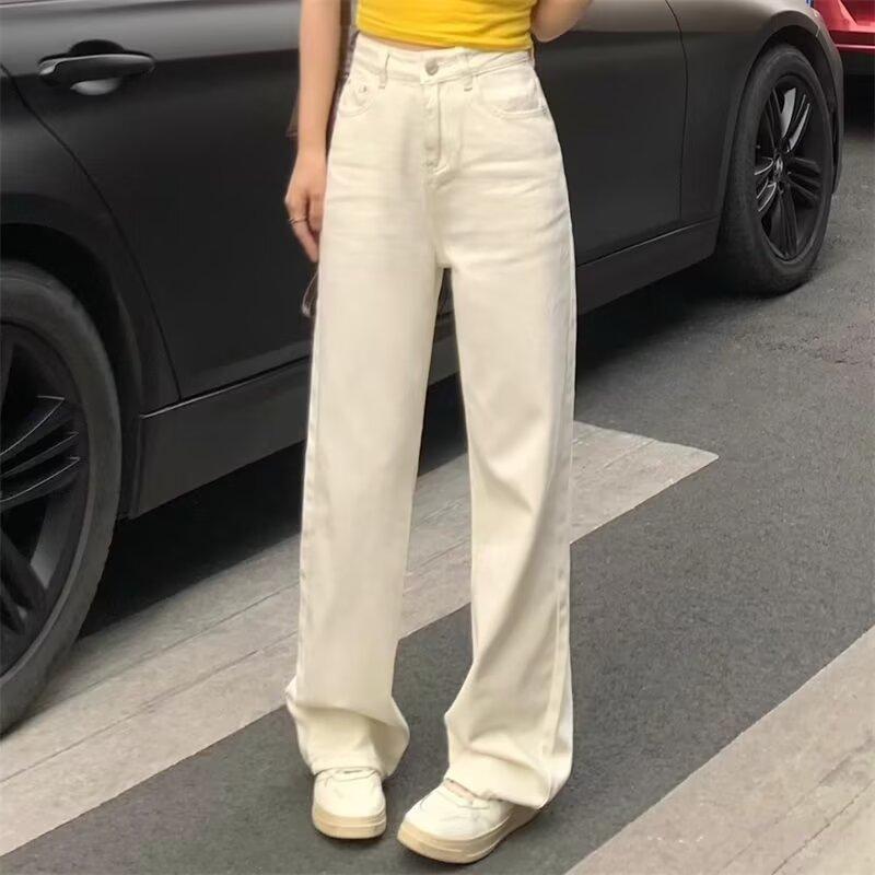 Damen Jeans mit hohem Bund und geradem Bein Lässige Weitbeinige Jeans Hose Casual Nicht-Stretch Lange Hose