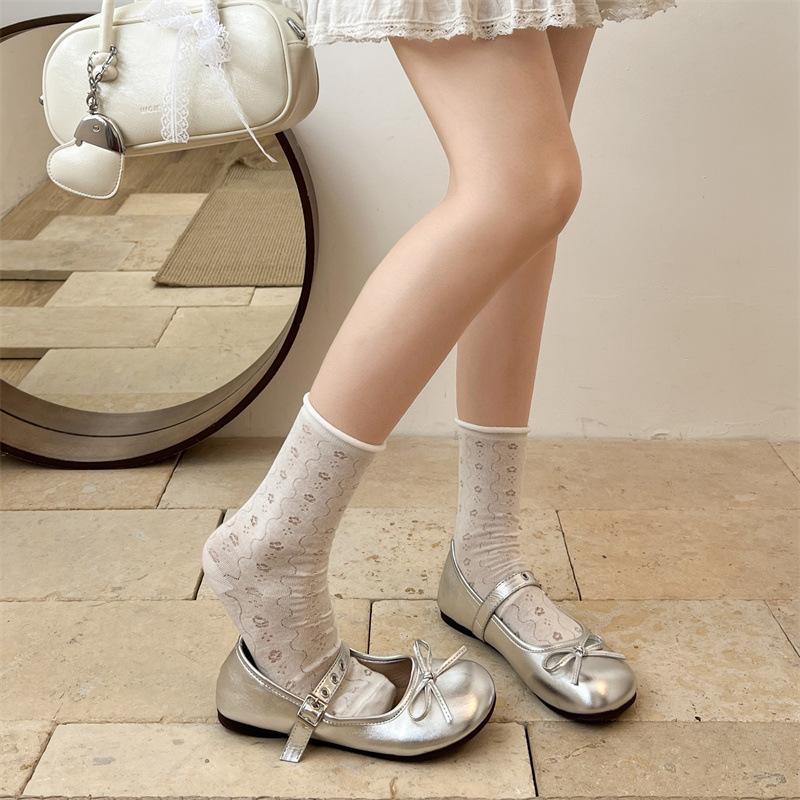 Shallow mouth flat-soled single shoes women's white round head bow Mary Jane shoes