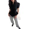 Women's Black V Neck Puff Sleeve Crop Top with Buttons and Side Cutouts