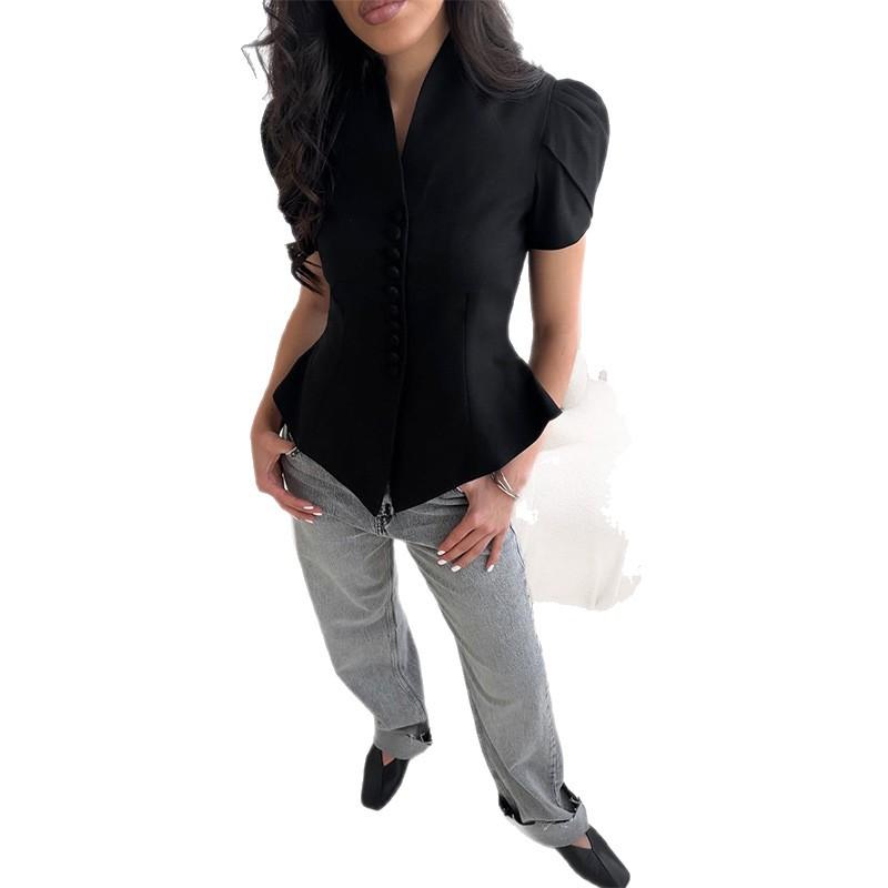 Women's Black V Neck Puff Sleeve Crop Top with Buttons and Side Cutouts