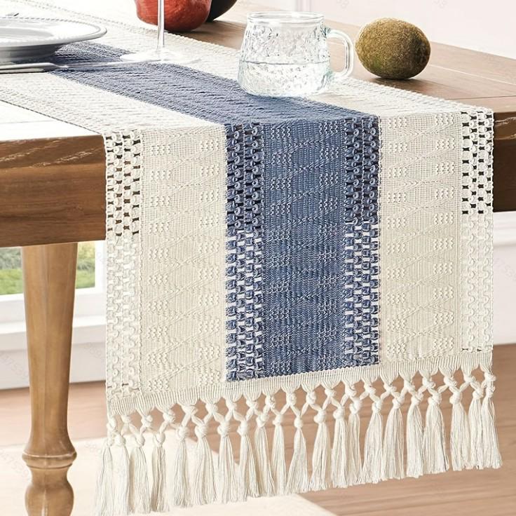 Nordic Light Luxury Cotton Linen Color Block Tassel Table Runner
