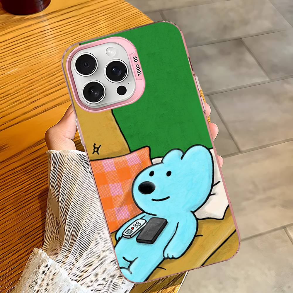 

Cartoon Blue Brown Dog Pink Border Phone Case For iPhone 17 16 15 14 13 12 11 Pro Max Plus Pro Colorful Shell iPhone 12pro max