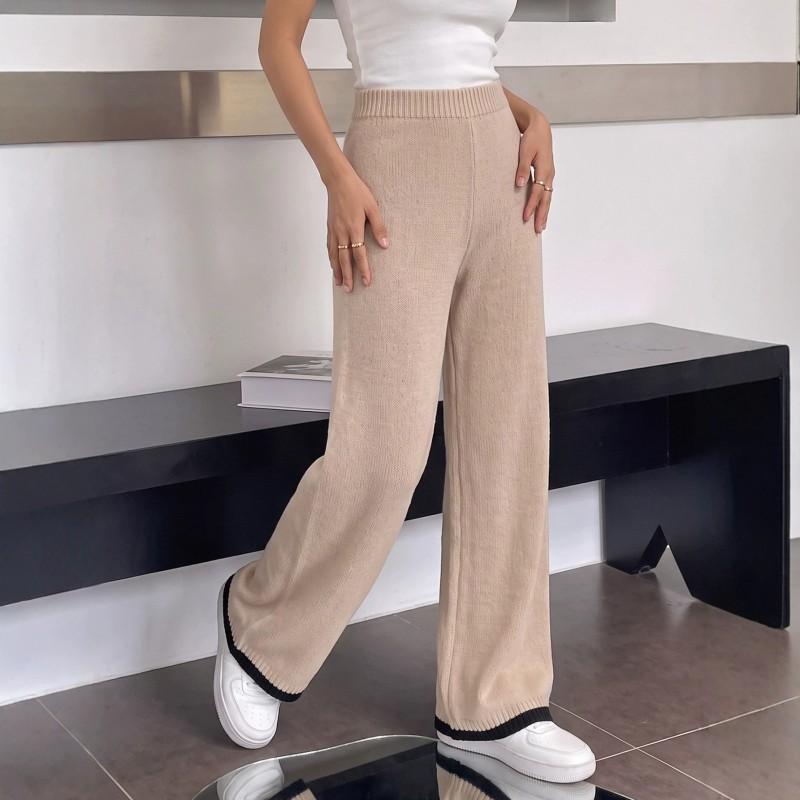 Womens High-Waisted Straight Leg Cropped Pants With Color-Block Stitching Casual Knit Trousers