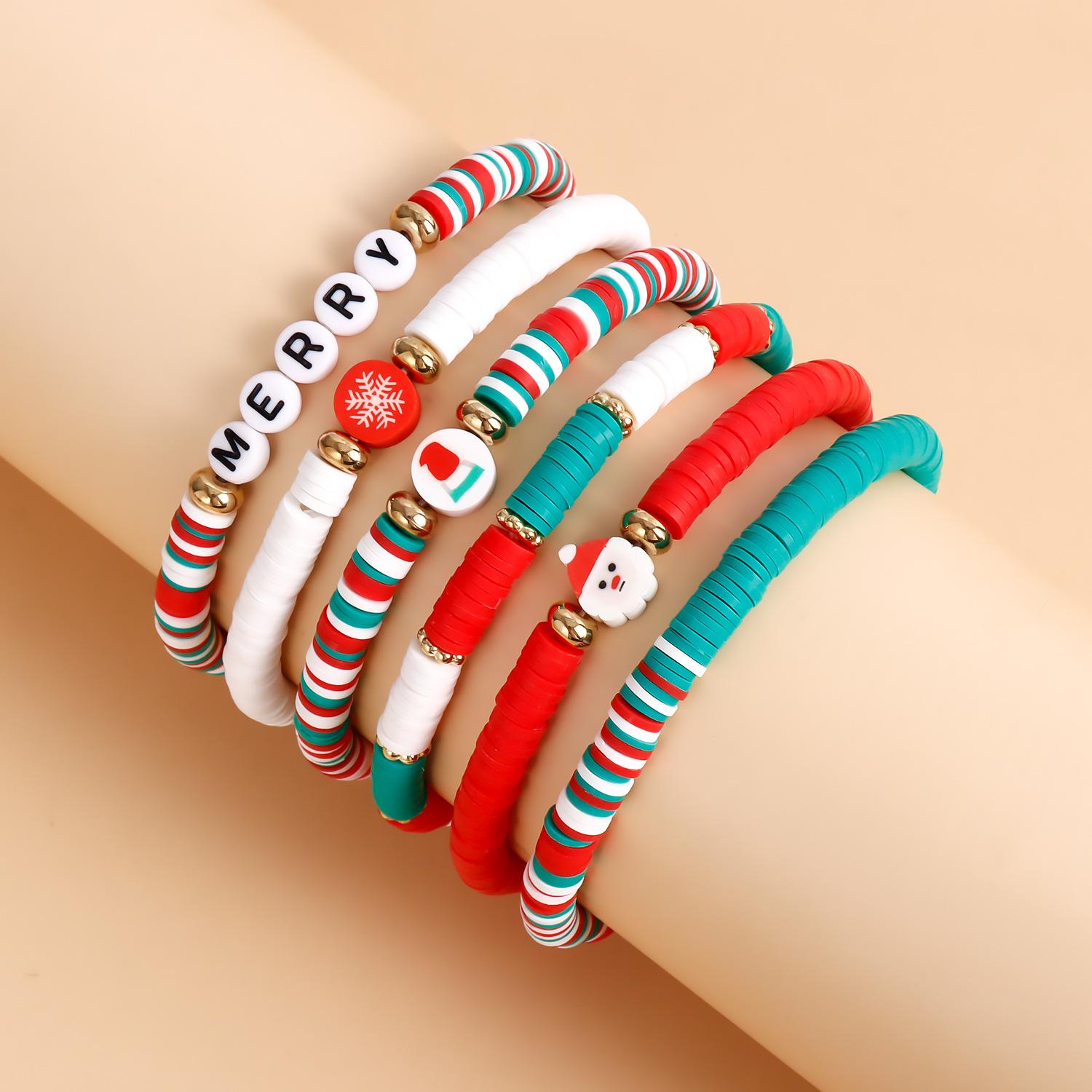 

European & American Christmas Polymer Clay Bracelet Set: Colorful Beaded Snowman & English Letter Charms for Women