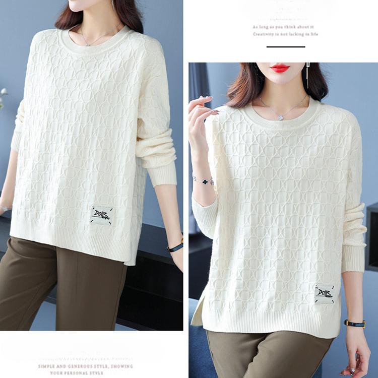 Spring and Autumn Women's Plus Size Knit Sweater Thin Loose Crew Neck Pullover Knitwear Short Slit Stretch Knit Top Jumper