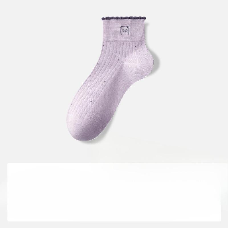 Cotton Sock Children's Style Summer and Spring Pure Cotton Little Dog Embroidered Mid-length Short Tube Breathable Without Bone Earleaf Lace Socks