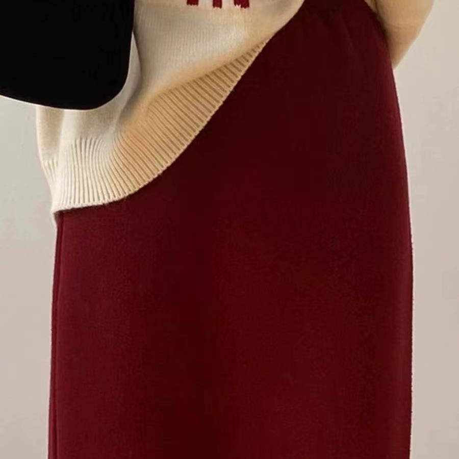 Plush Cherry Red Knitted Skirt for Women In Autumn and Winter High Waist Straight Long Skirt Draped A-line Hip-pack Skirt