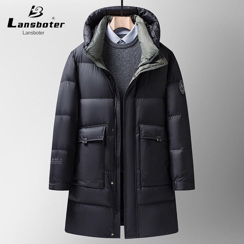 

Lansboter s новый белый пуховик с капюшоном, мужской толстый молодежный трендовый пуховик средней длины, холодная зимняя куртка