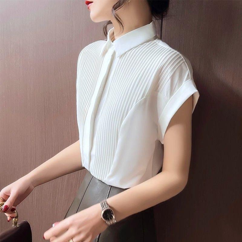 Sommer Einfarbig Plissiertes Hemd Pendeln Einreihig Damenbekleidung Umlegekragen Koreanisch Locker Gespleißt Allround-Bluse