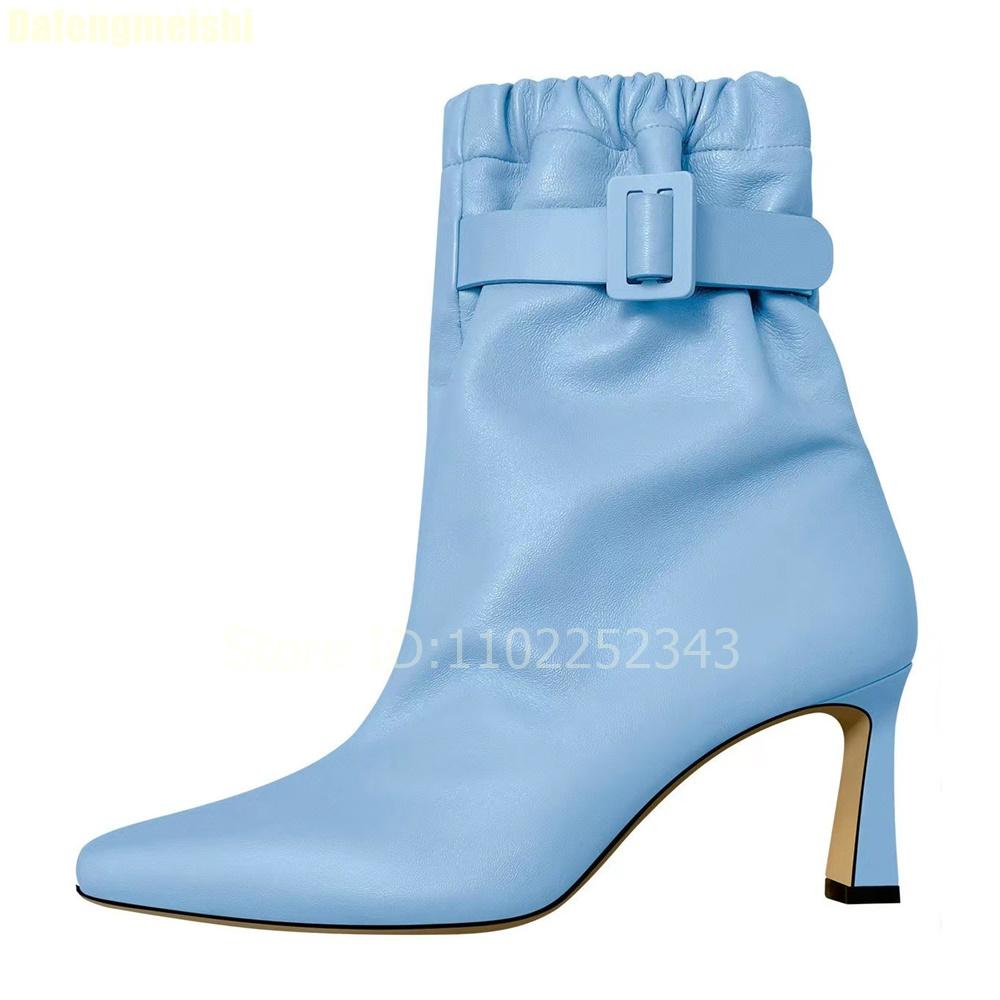 Fashion 2025 New Fashion Solid Color Short Boots Ankle Belt Buckle Elastic Band Mid Heel Boots Thin Heel Pointed Toe Leather Shoes Boots