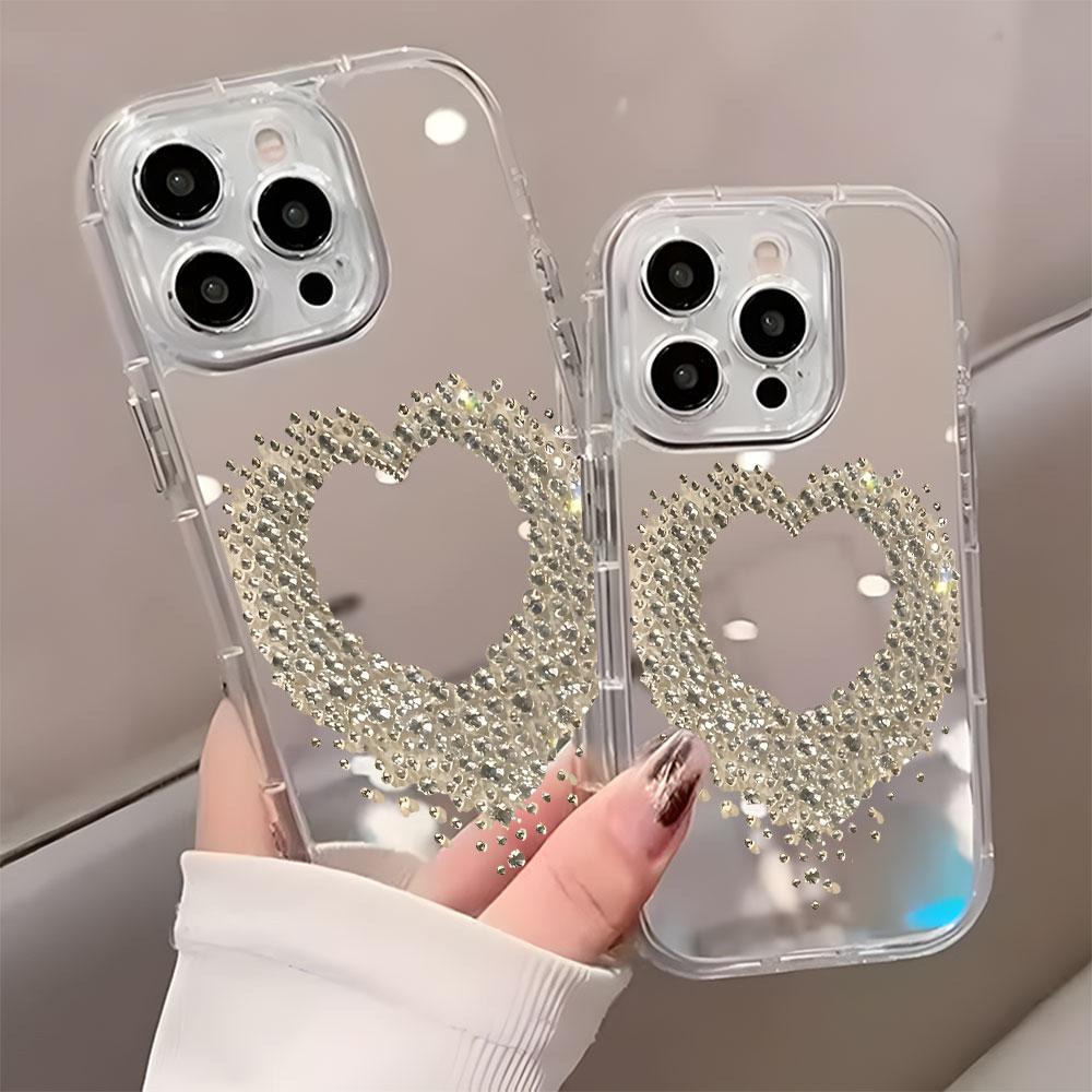 Sweet And Cool Heart Pattern Back Mirror Phone Case For iPhone 17 16 15 14 13 12 11Pro Max X XR XS Air 7 8 Plus Shockproof Cover
