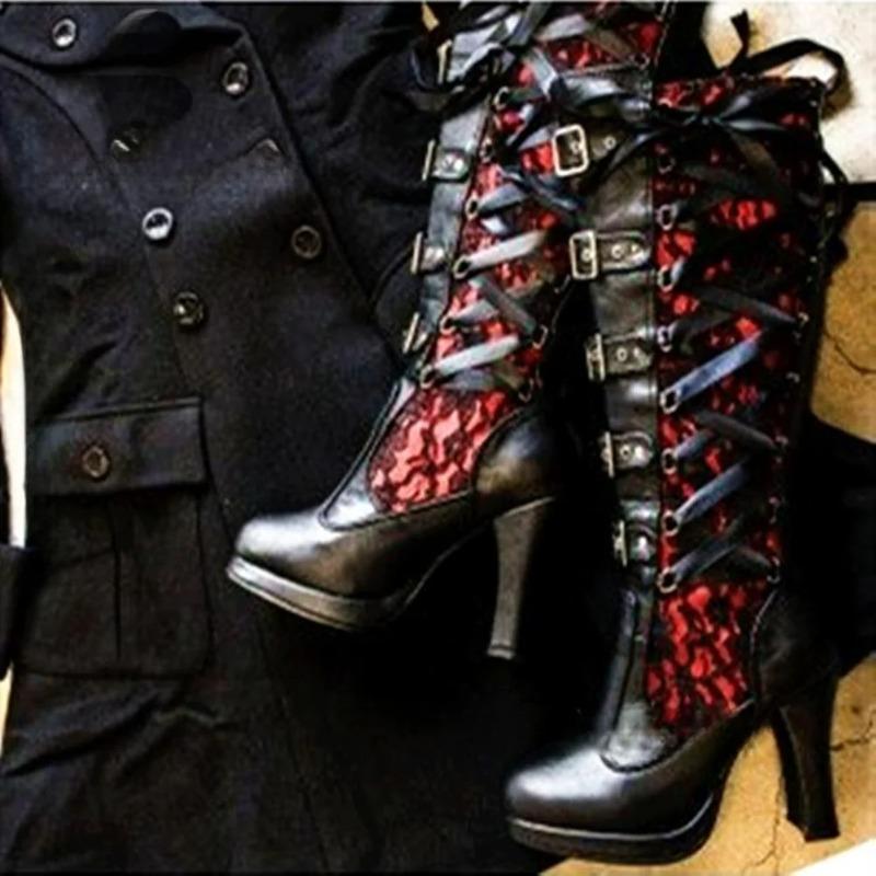 Soleist Platform Boots For Women Lace Up Chunky High Heel Mid Calf Boots Narrow Band Bow Knot Goth Gothic Shoes Winter 2024