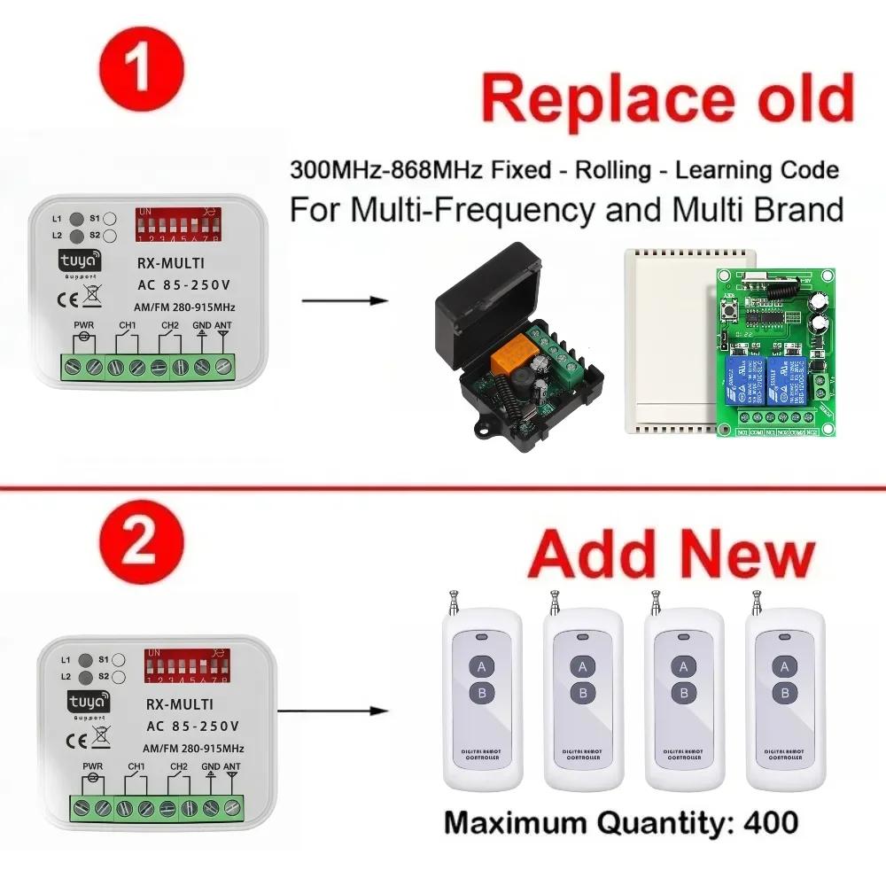Universal WIFI Garage Door Remote Control Receiver 2CH Controller Smart Switch RF 433 868MHz Tuya Frequency 280-915MHz 85-250V
