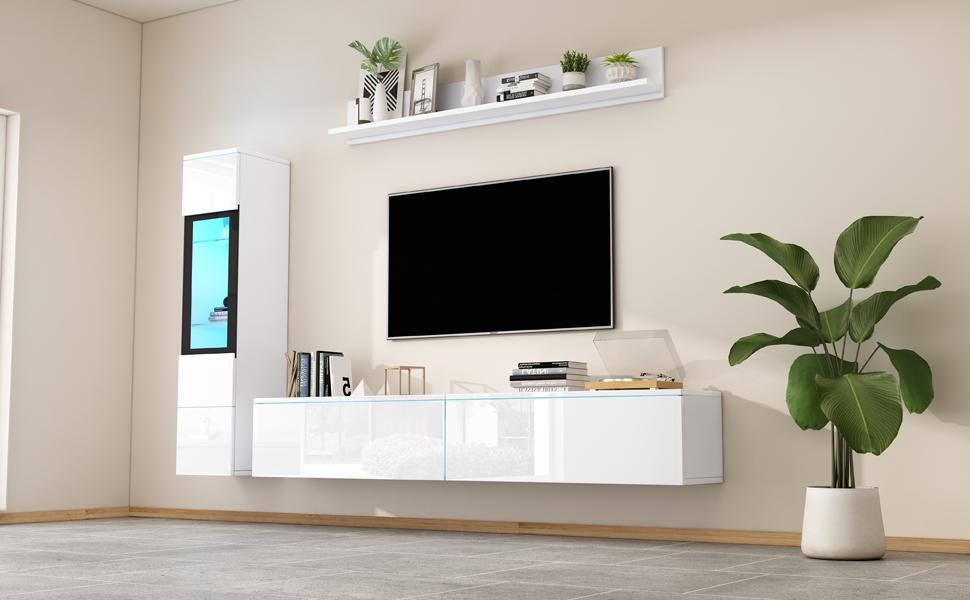 TV Wall Unit Set 3-Piece LED Lighting High Gloss White Living Room Furniture, Frontal 1 X TV Cabinet, 1 X Living Room Display Cabinet, 1 X Wall Shelf