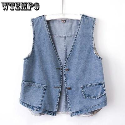 Women Jean Vests Autumn Pockets Sleeveless Streetwear Single Breasted Casual Tops Denim Vest for Women