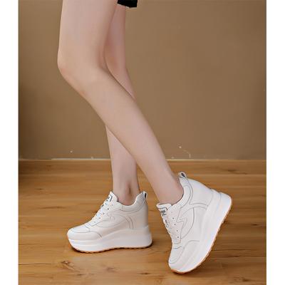 Genuine Leather Shoes Women Fashion Sneakers Flat Platform Brand Ladies Casual Shoes Height Increasing 10cm Black White D216