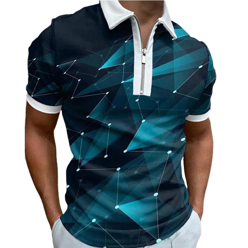 

Повсякденна футболка з лацканами. Модна футболка на блискавці для молодих чоловіків. Футболка з коротким рукавом. Чоловіча футболка з 3D-золотистим принтом. XL ціан