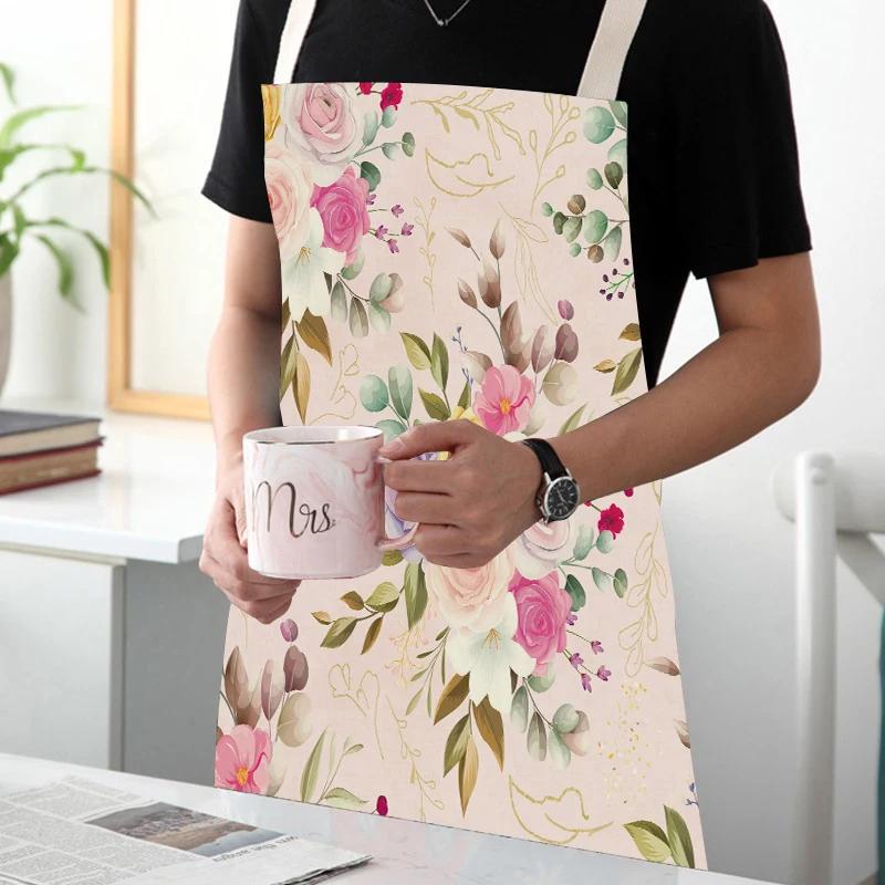 Retro Flowers Linen Kitchen Aprons Floral Printed Cooking Aprons for Women Men Baking Accessories Cleaning Pinafore Delantal