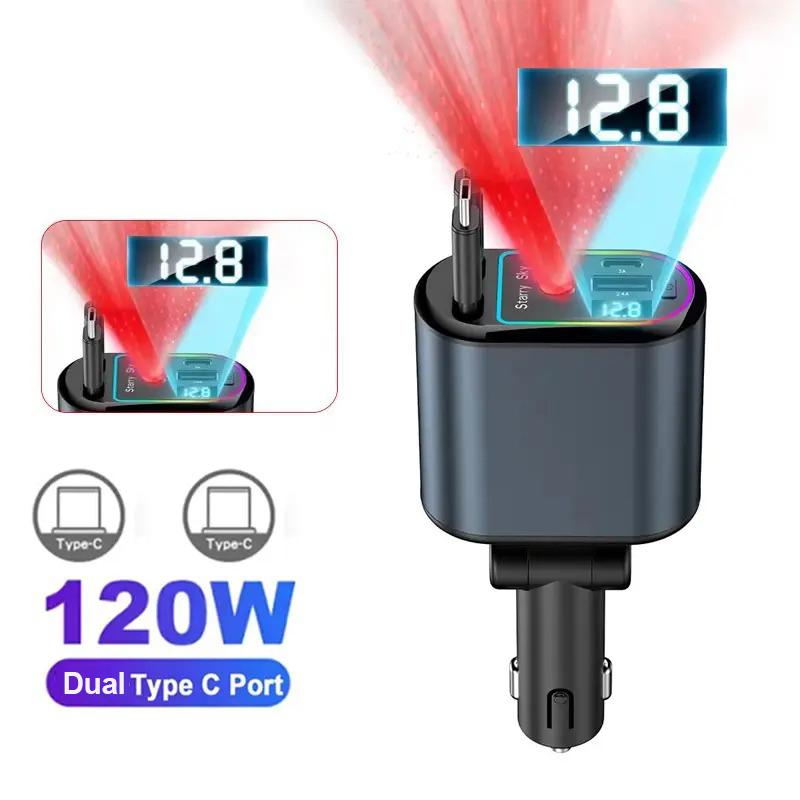 4 IN 1 120W Car Charger with Retractable Cable and Roof Starlight USB C Fast Charger Cigarette Lighter For iPhone Huawei Samsung