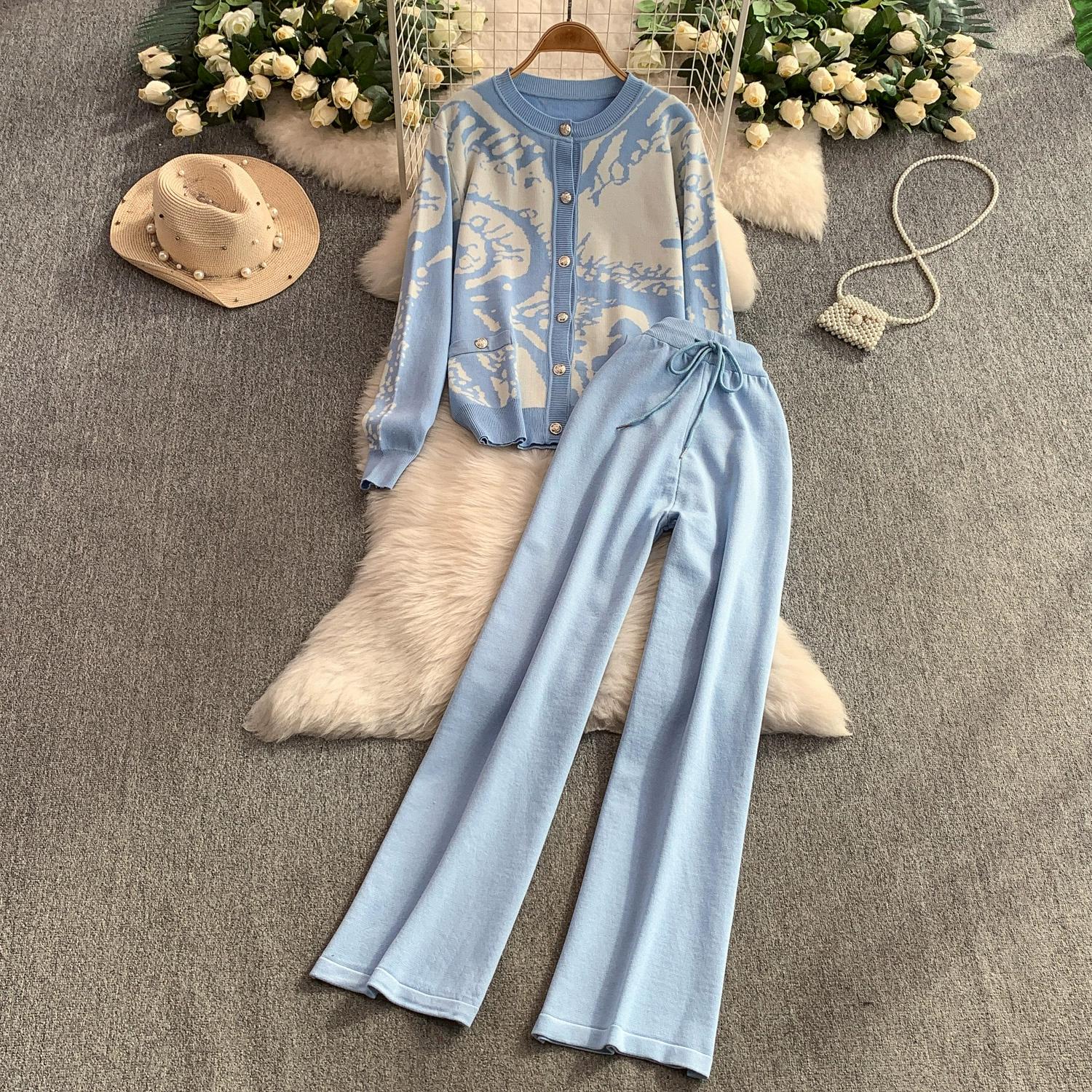 

Осень Зима Женский Винтажный Вязаный Свитер с Принтом Брюки Комплект из Двух Предметов Кардиган с Длинным Рукавом Топы и Брюки с Широкими Штанинами на Кулиске Костюм One size