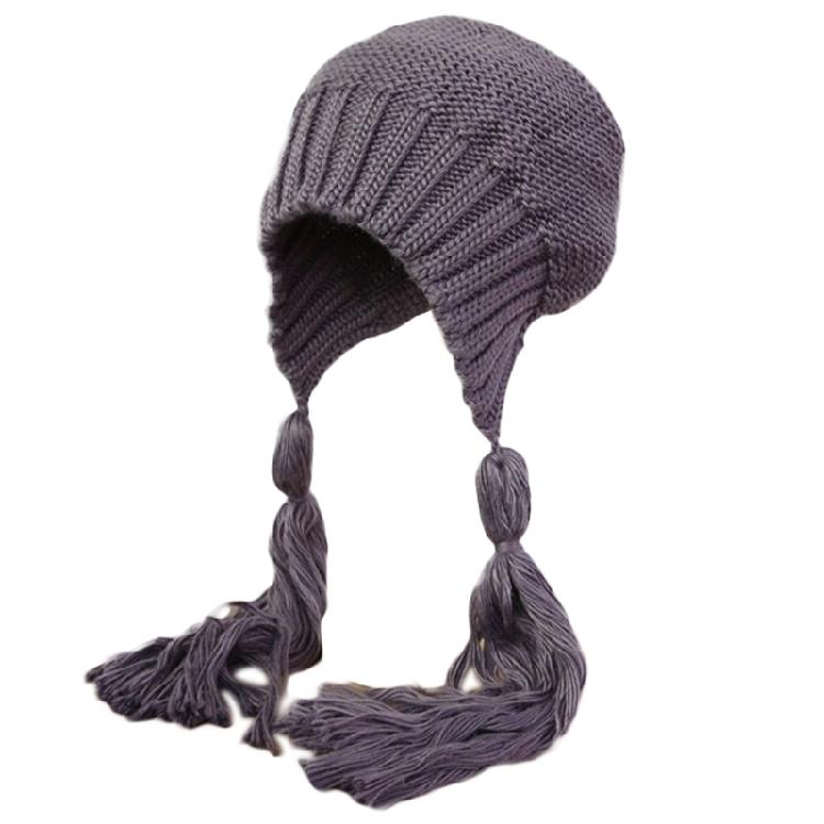 Solid Color Long Twist Braid Beanie Hat Ear Flaps Knitted Hat for Outdoor Sport