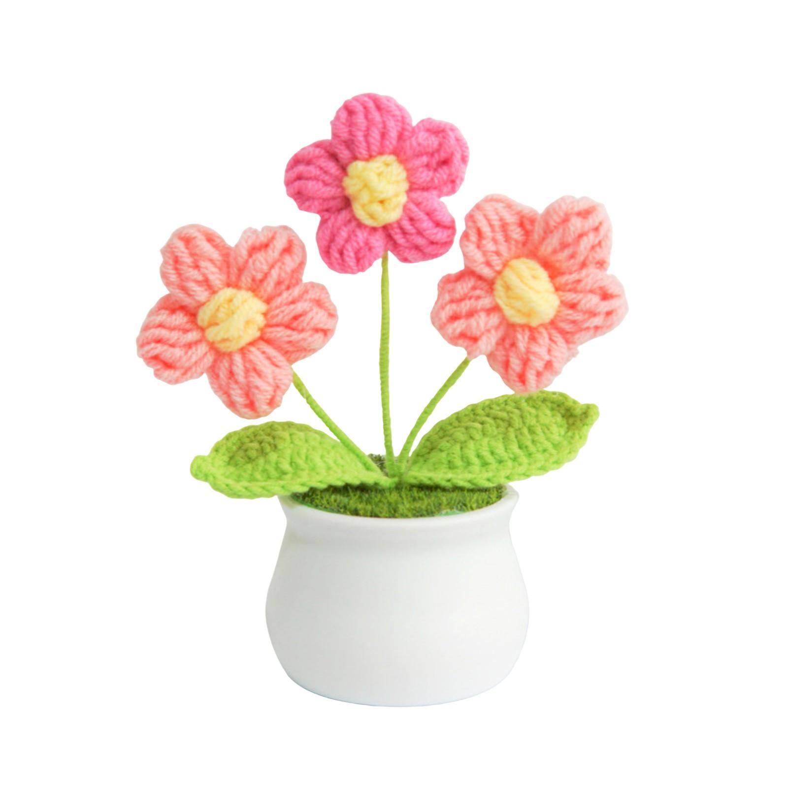 

Handmade Knitted Flower Arrangement in Ceramic Pot Vibrant Pink and Yellow Blooms for Home Decor. Gift. Office One Size