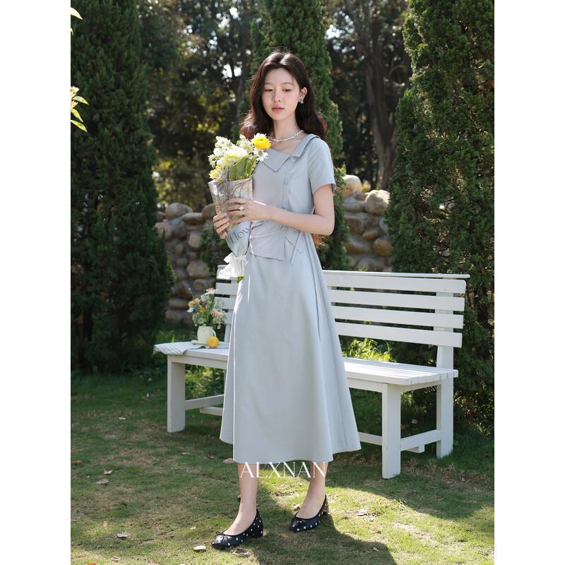 Women's Faux Two-Piece Belted Short Sleeve Long Dress