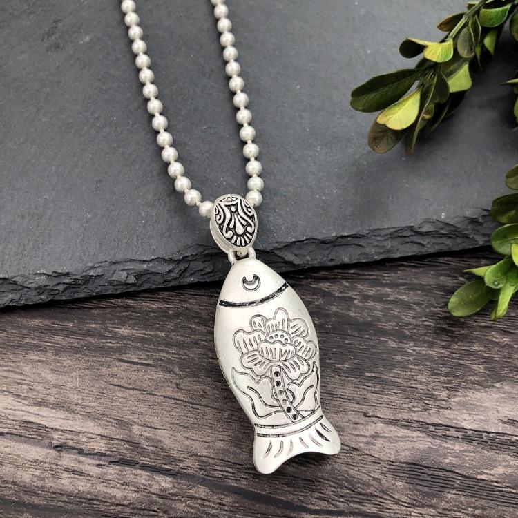 Vintage Thai silver long necklace flower pendant simple long sweater chain accessories women