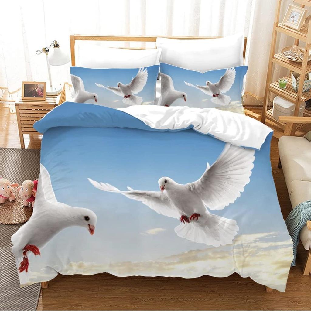 Pigeon Peace Duvet Cover Set Cute Bird Pattern King Queen Size Polyester Comforter Cover with Pillowcase for Teens Bedding Set