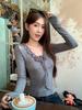 Women's Winter Chic Slim Fit V-Neck Gray Lace Tie-Up Cropped Top