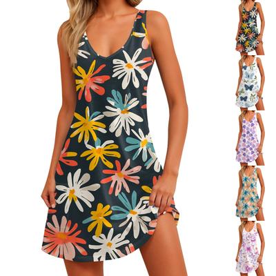 Women's Casual Fashion V-neck Sleeveless Floral Print Side Pocket Dress