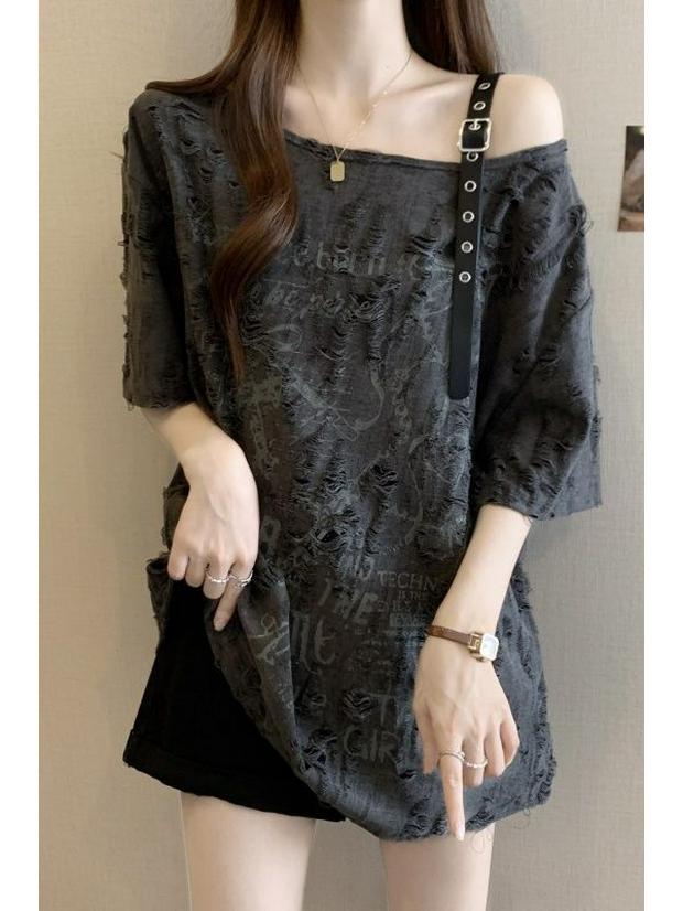 Plus Size Off-the-Shoulder Ripped T-Shirt - Loose and Flattering Summer Top for Women