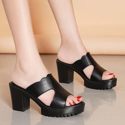 High-heeled Slippers Women's Summer Outer Wear Fashion 2025 New Thick Heel Soft Leather Soft Bottom Non-slip Thick Bottom Fish Mouth Cool Slippers Wom