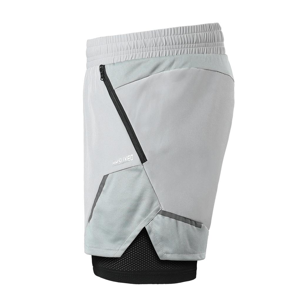 2-In-1 Men Running Shorts with Zipper Pockets Quick Dry Exercise Shorts for Training Gym Workout