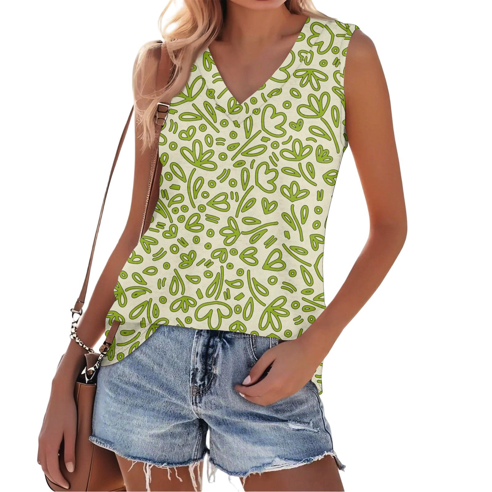 

Sleeveless V Neck Floral Print Tank Top for Women Casual Loose Fit Lightweight Summer Blouse Shirt Top XL хаки