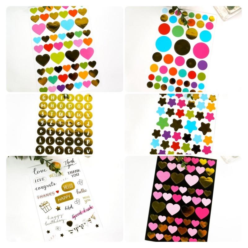 

6 Sheets Gold Foil Stickers Set - Heart Star Circle Letter Flake Stickers, DIY Journal Scrapbook Supplies, Planner Decoration Accessories 6pcs/set