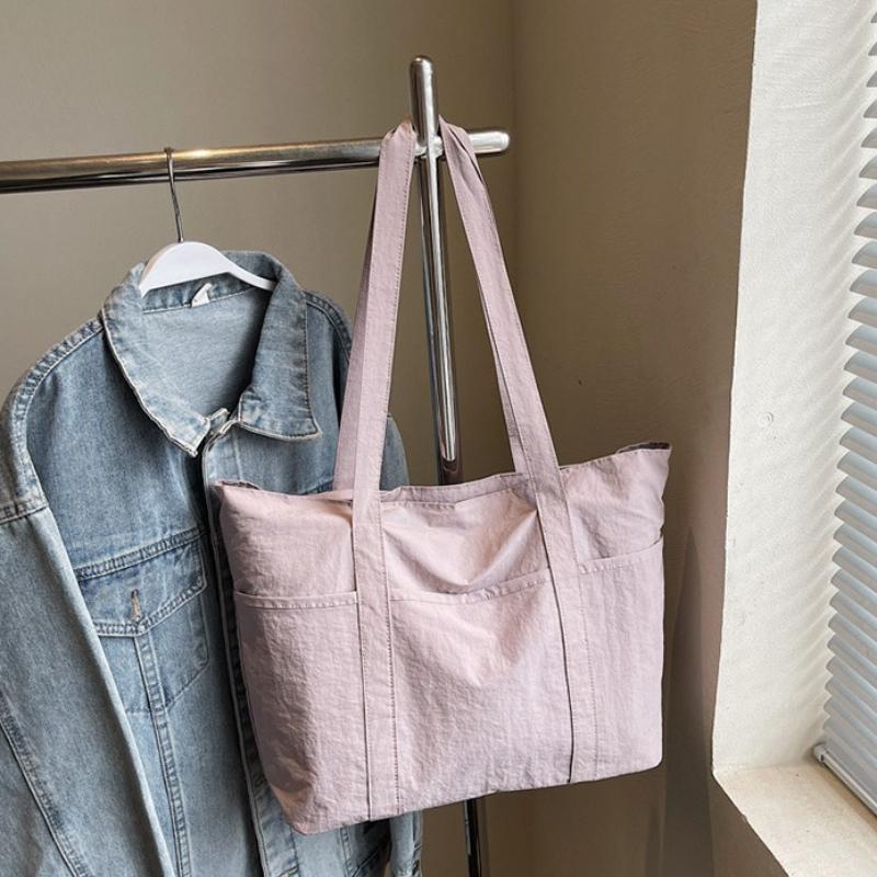 Large Capacity Solid Color Tote Bag New Casual Lightweight Nylon Shoulder Bag Versatile Canvas Bag Simple Women Handbag