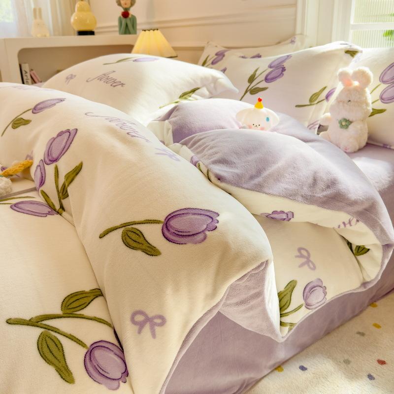 

Thickened Milk Fleece Four-Piece Cartoon Dormitory Fleece Coral Fleece Three-Piece Single Quilt Cover Single-piece quilt cover 150 * 200cm about 1.3kg