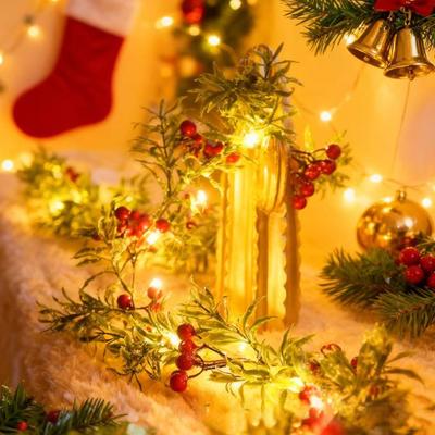 Christmas String Lights with Red Berry Xmas Cedar Garland Fairy String Lights for Indoor Outdoor Xmas Decorations