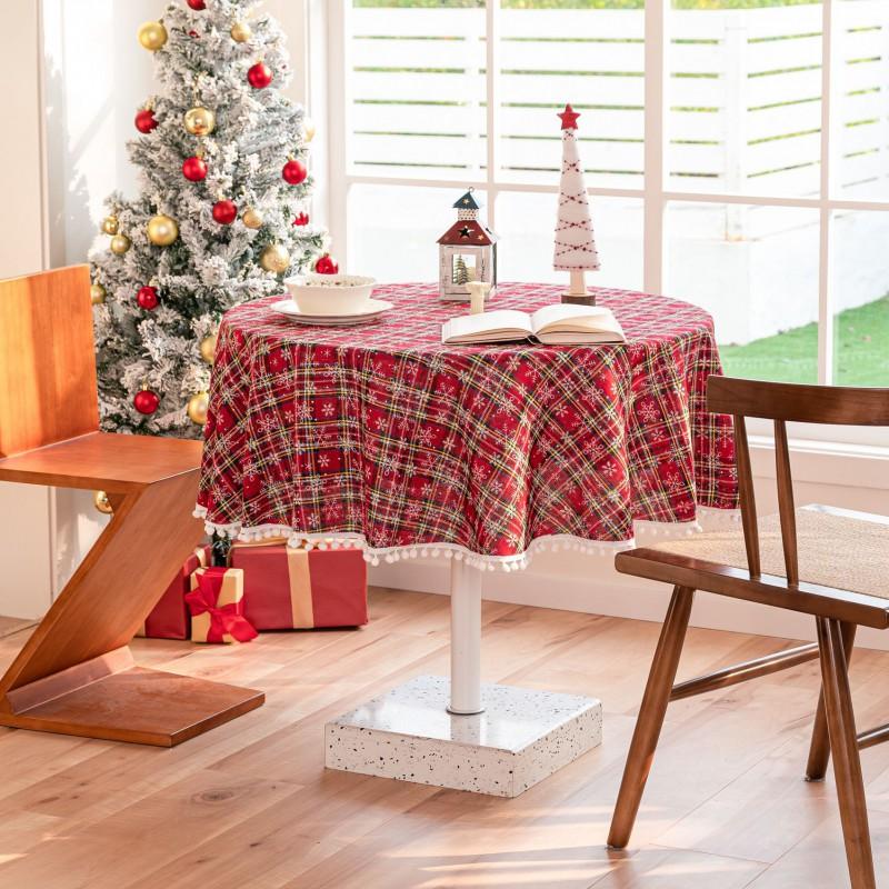Christmas Snowflake Plaid Tablecloth Cotton Linen Blend Table Cover With Pom Poms Holiday Dining